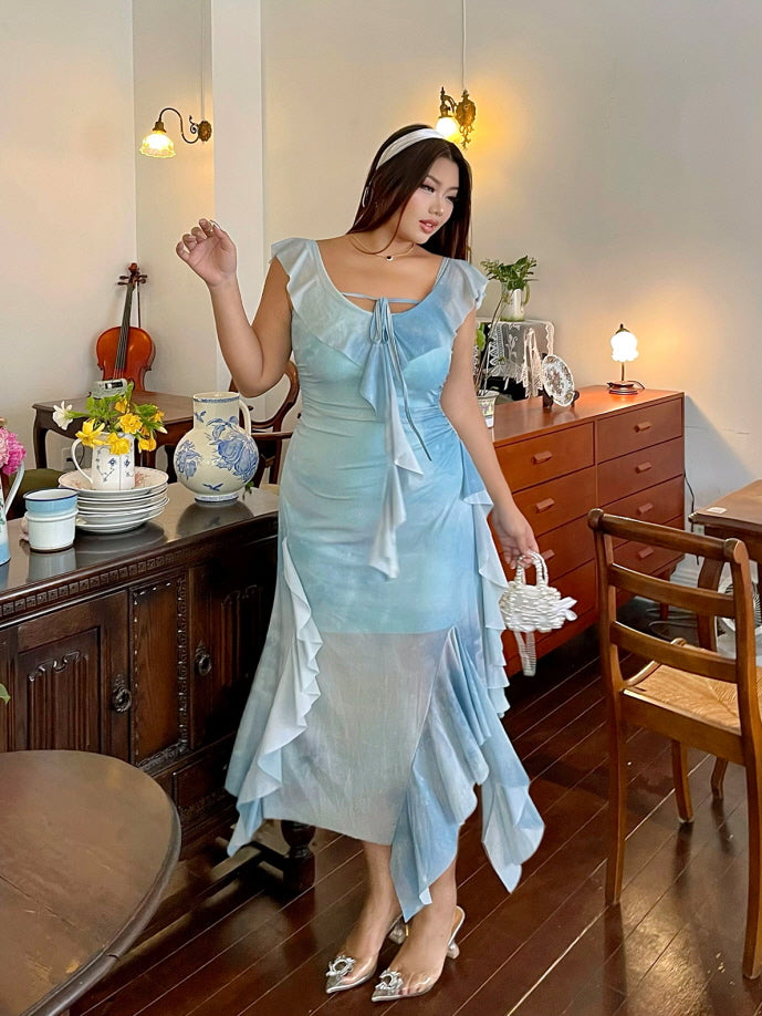 Light Blue Ruffle Mesh Dress with Bow Plus Size Fairycore Aesthetic Outfit Light Blue / 3XL Light Blue Ruffle Mesh Dress with Bow Plus Size Fairycore Aesthetic Outfit Light Blue / 3XL