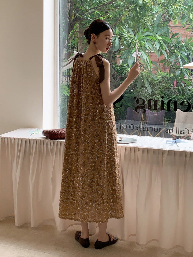 Golden Sequin Ribbon Strap Dress
