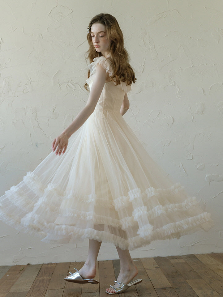 Ivory Tulle Ruffle Off-Shoulder Dress