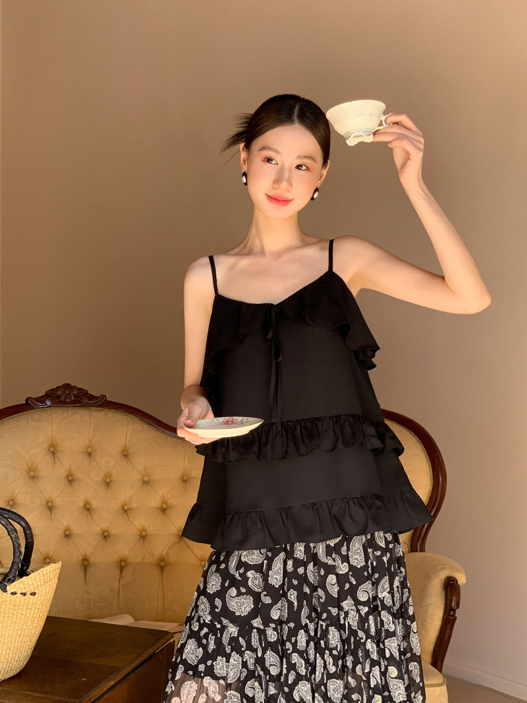 Black Ruffle Camisole & Paisley Maxi Skirt