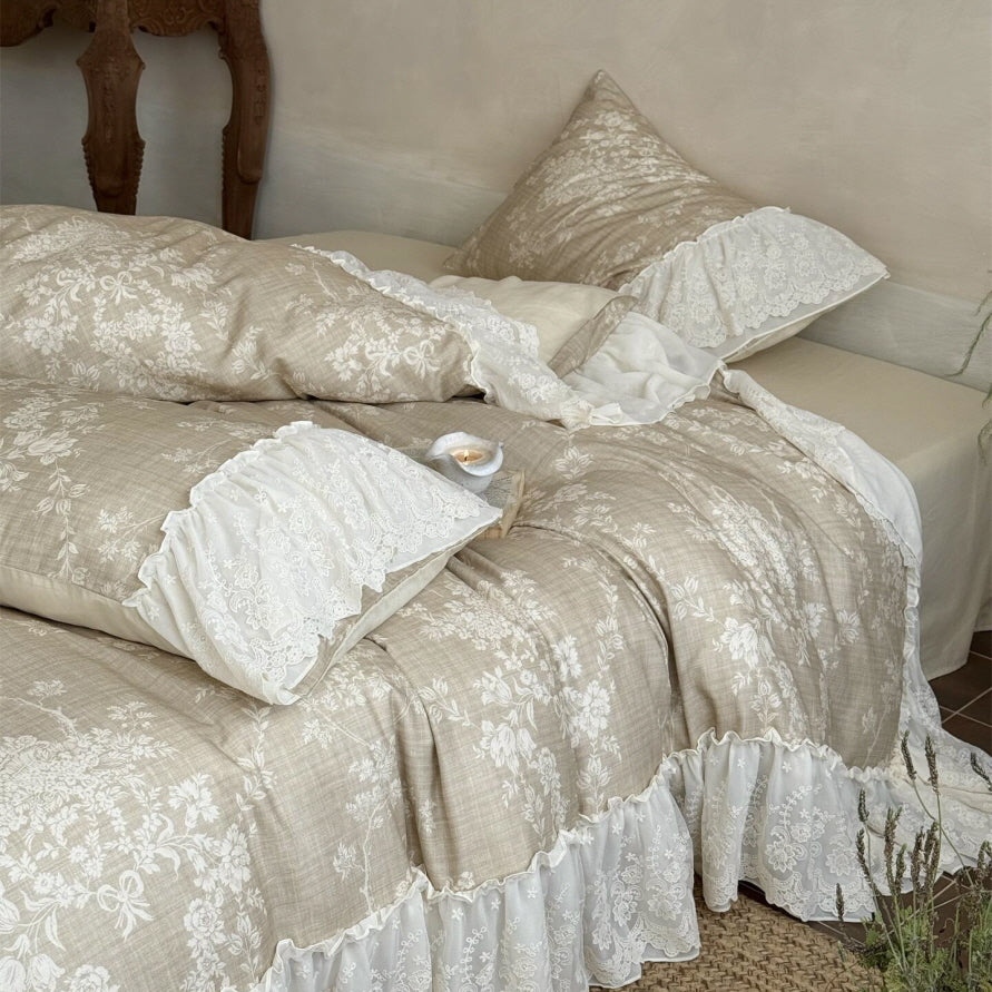 Beige Floral Lace Ruffle Bedding Set