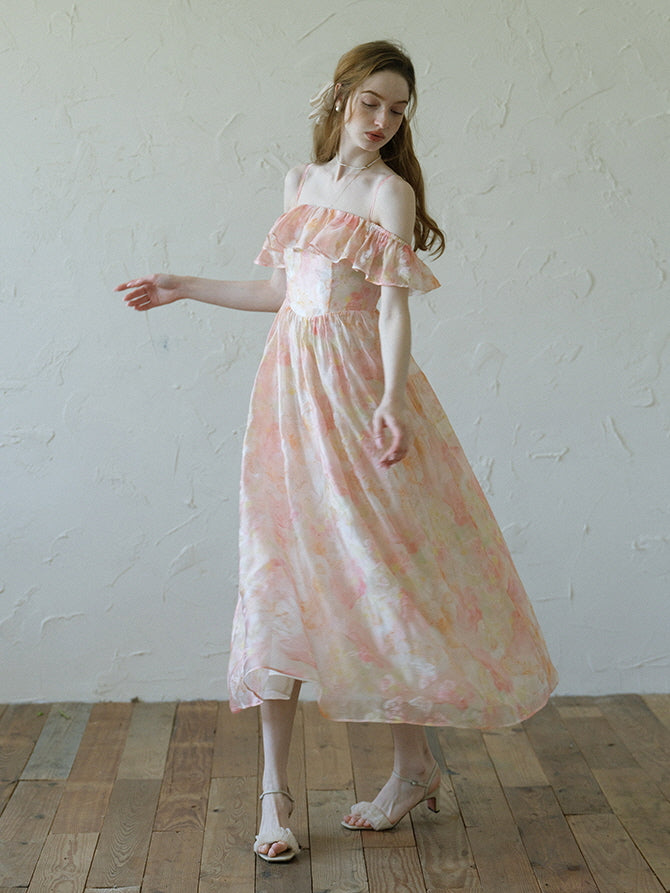 Peach Blossom Off-Shoulder Ruffle Dress