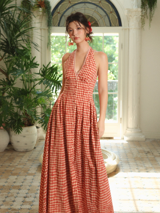 Red Check Halter Dress Vintage Gingham Summer Outfit | Cottagecore Aesthetic Red Check Halter Dress Vintage Gingham Summer Outfit | Cottagecore Aesthetic
