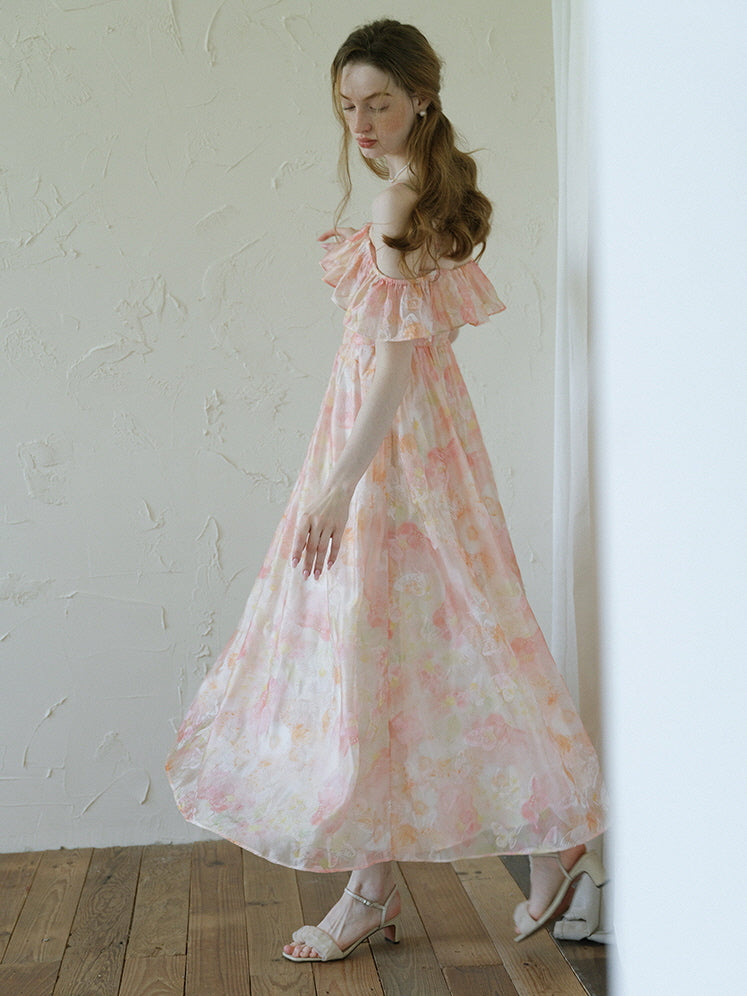 Peach Blossom Off-Shoulder Ruffle Dress