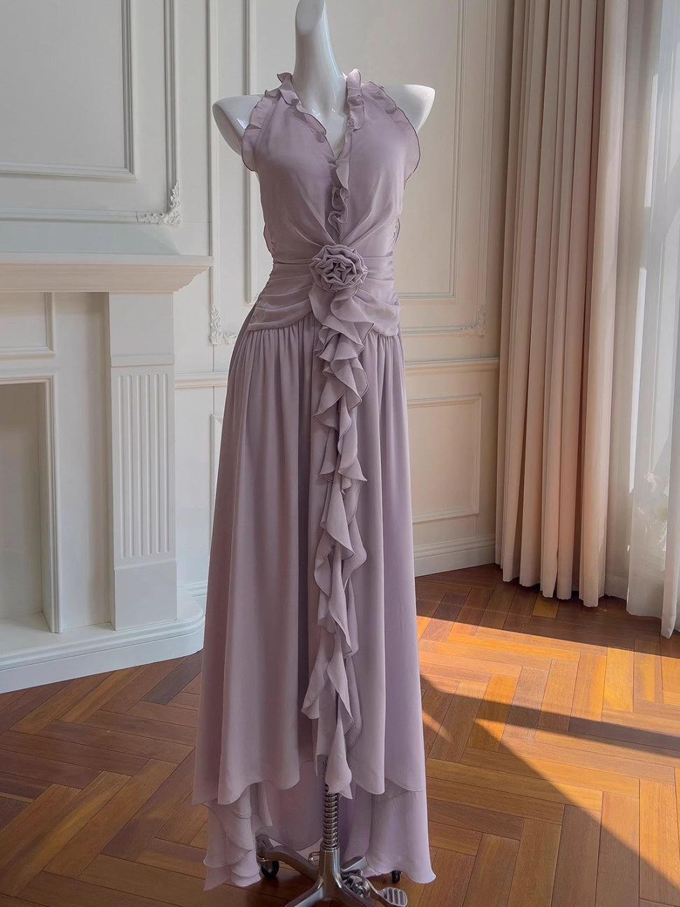 Lilac Rose Ruffle Chiffon Dress – Vintage Halter Gown – Princesscore Aesthetic Outfit S