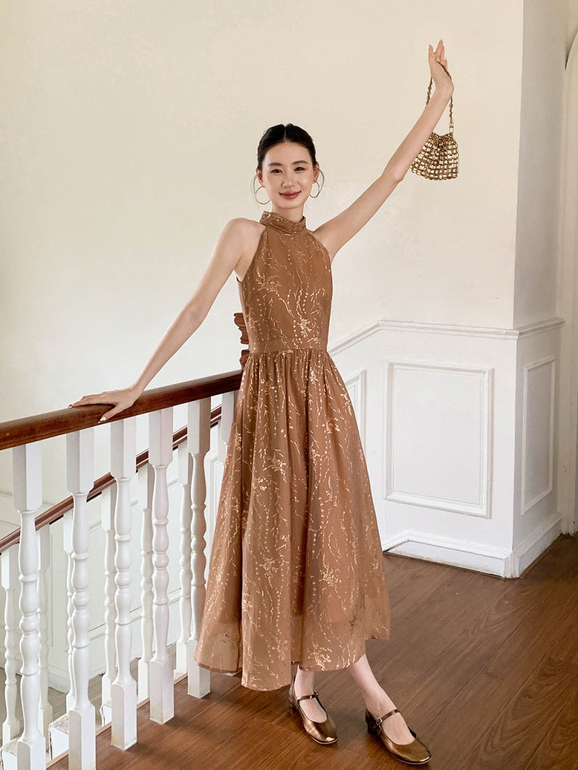 Golden Bloom Halter Dress