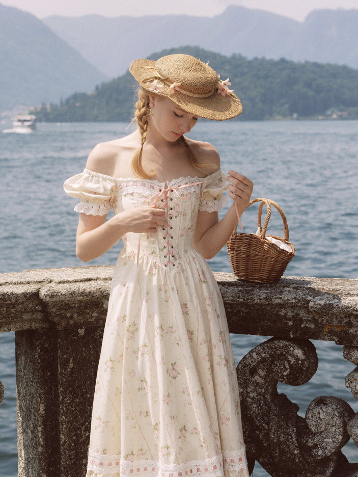 knee length dresses for ladies Vintage Rose Floral Off-Shoulder Lace-Up Dress