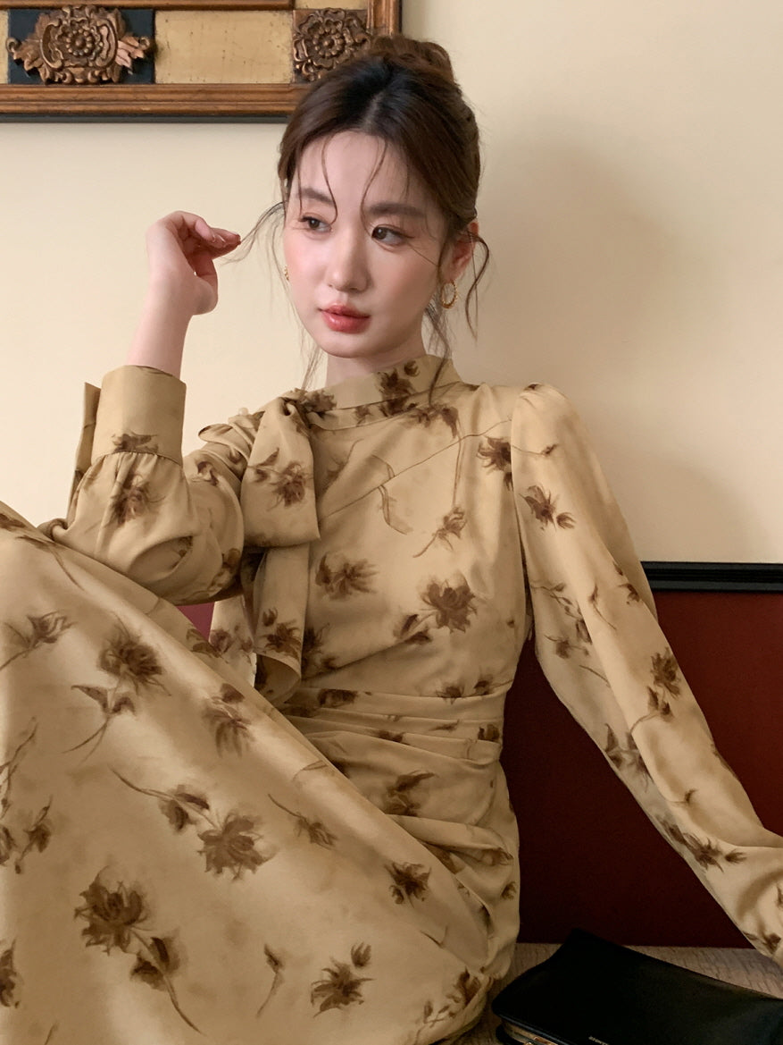 Vintage Floral Tie-Neck Dress