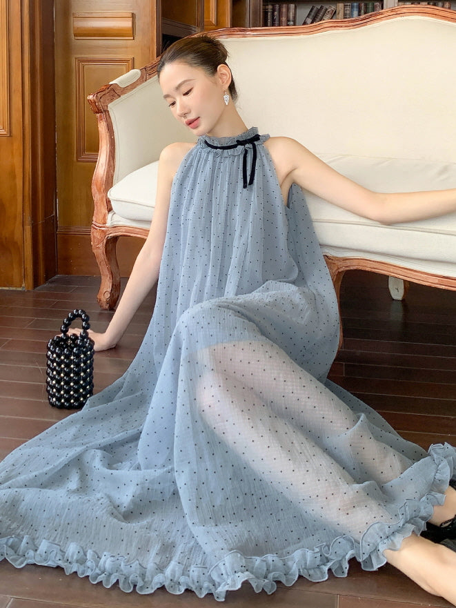 Blue Polka Dot Halter Maxi Dress Fairycore | Vintage Aesthetic Outfit Blue Polka Dot Halter Maxi Dress Fairycore | Vintage Aesthetic Outfit