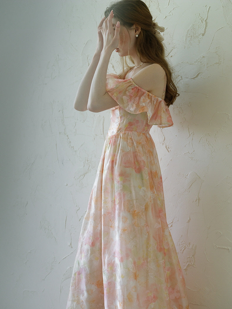Peach Blossom Off-Shoulder Ruffle Dress