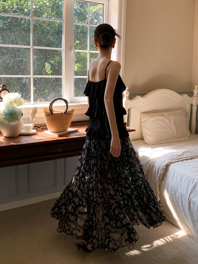 Black Ruffle Camisole & Paisley Maxi Skirt