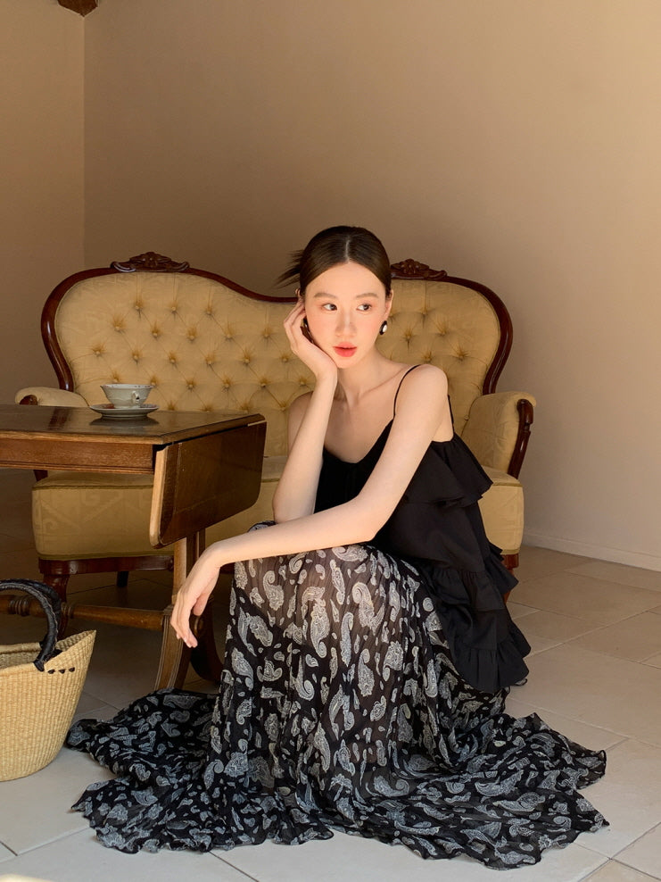 Black Ruffle Camisole & Paisley Maxi Skirt