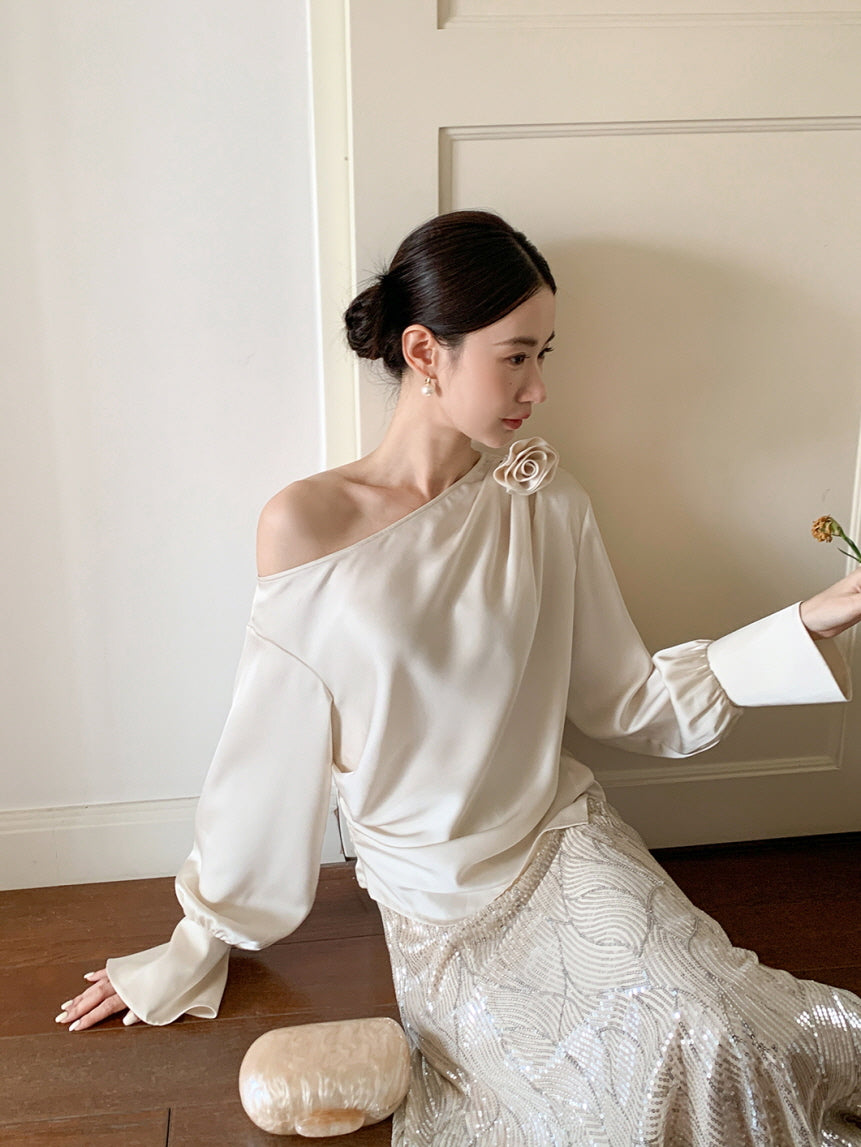 Off-Shoulder Flower Accent Blouse