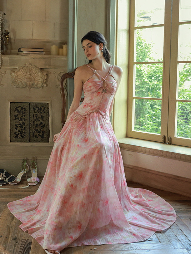 chinese dress ladies Pink Watercolor Corset Maxi Dress