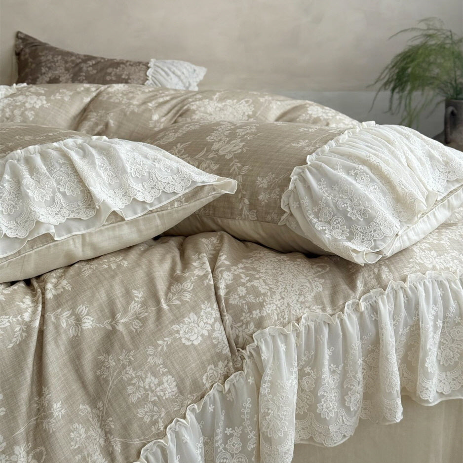 Beige Floral Lace Ruffle Bedding Set