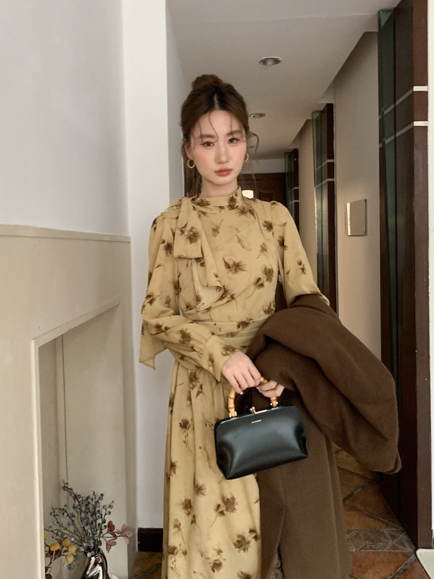 Vintage Floral Tie-Neck Dress