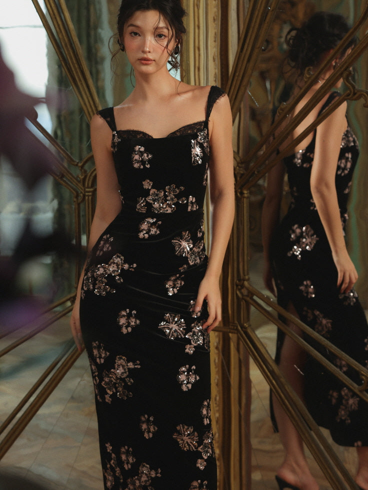 Black Velvet Sequin Floral Dress Elegant Party Outfit | Romantic Fairytale Black Velvet Sequin Floral Dress Elegant Party Outfit | Romantic Fairytale