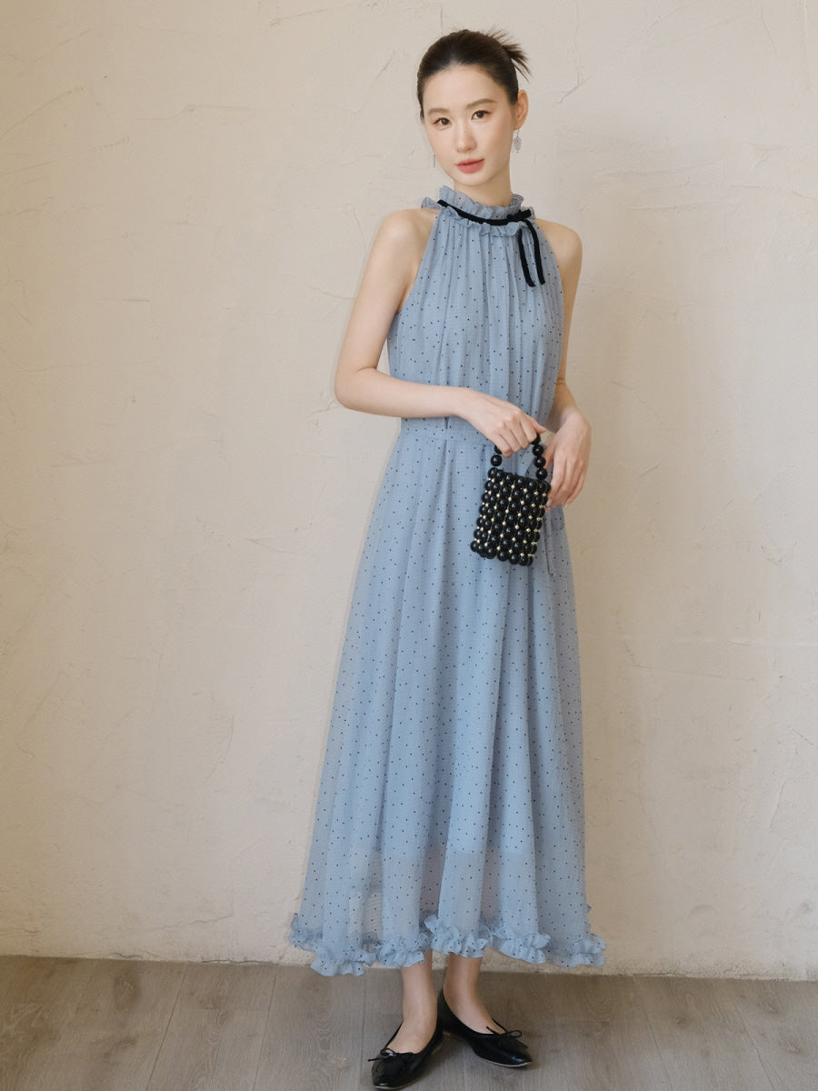 Blue Polka Dot Halter Maxi Dress