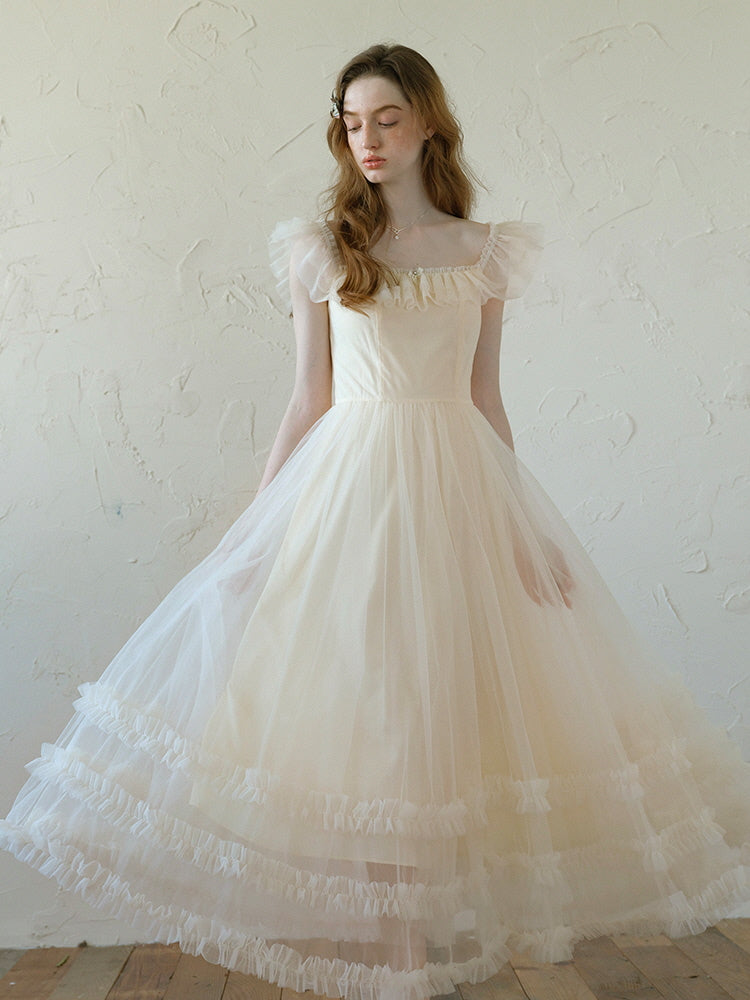 Ivory Tulle Ruffle Off-Shoulder Dress