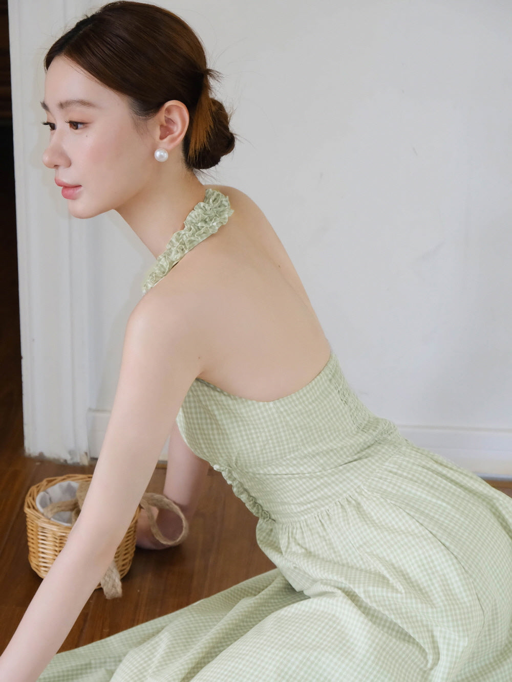 Romantic Green Gingham Halter Dress