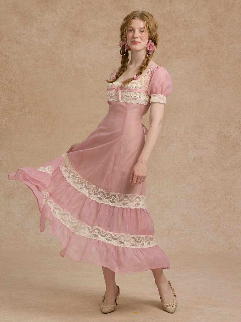 fitted lace wedding dress Blush Lace Ribbon Fairytale Dress