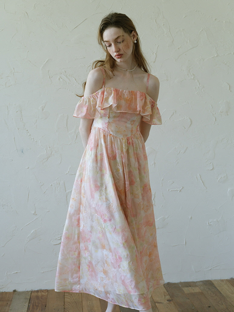 peach off the shoulder dress Peach Off-Shoulder Floral Ruffle Dress – Fairycore Princesscore Cottagecore Outfit S