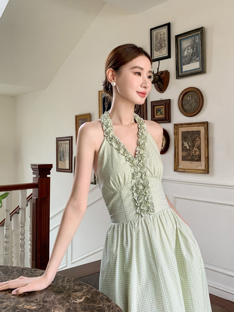 Green Gingham Halter Dress with Ruffles Romantic Cottagecore Outfit S Green Gingham Halter Dress with Ruffles Romantic Cottagecore Outfit S