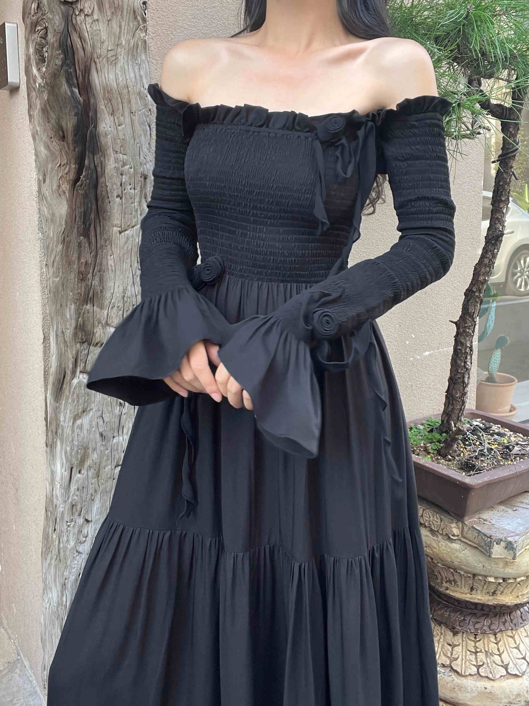 Retro Off-Shoulder Cotton Dress - Princess Fairy Aesthetic Outfit Black / L Retro Off-Shoulder Cotton Dress - Princess Fairy Aesthetic Outfit Black / L