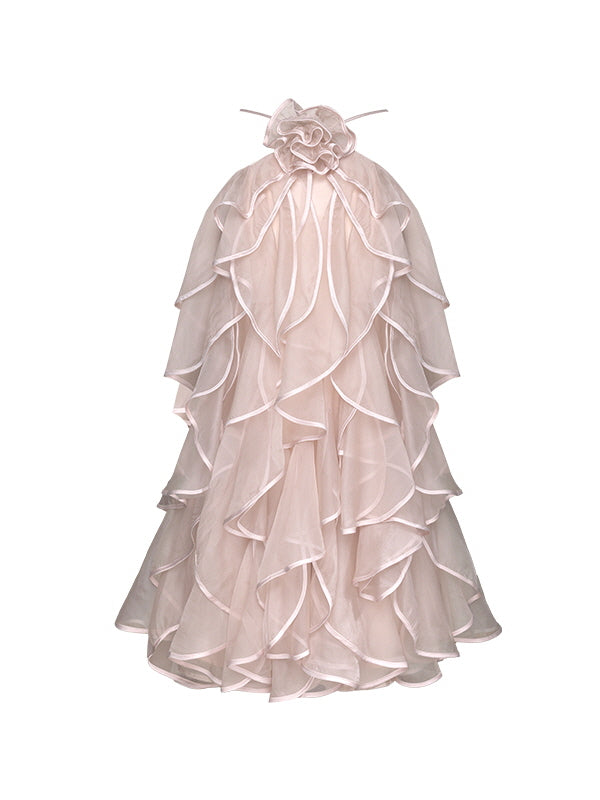 Front view of a layered blush pink halter dress with cascading ruffles and a rose neckline, capturing a soft and romantic aesthetic look.