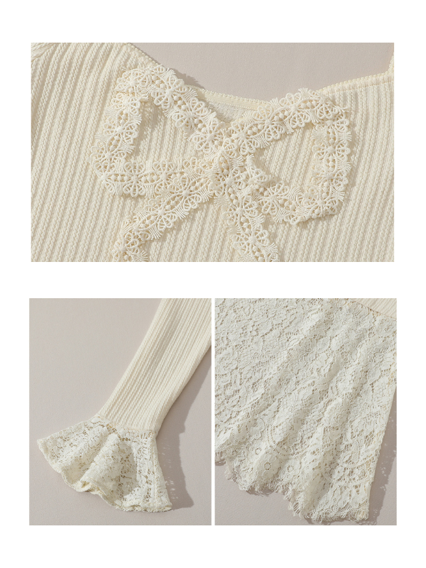 Elegant Lace Trim Flared Sleeves Knit Dress