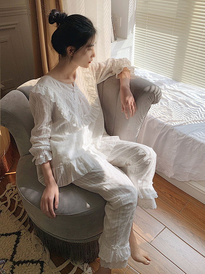 Romantic Lace-Trim Cotton Pajama Set