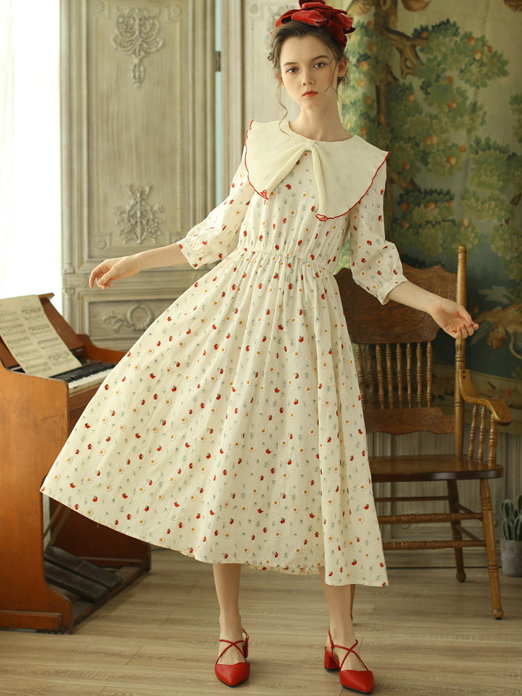 Pleated Collar Retro Floral Cotton Dress