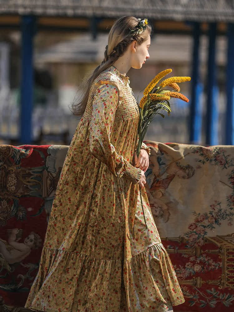 Golden Velvet Floral Dress