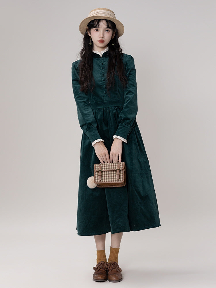 Forest Green Velvet Dress - Lace Cuffs | Puff Sleeves