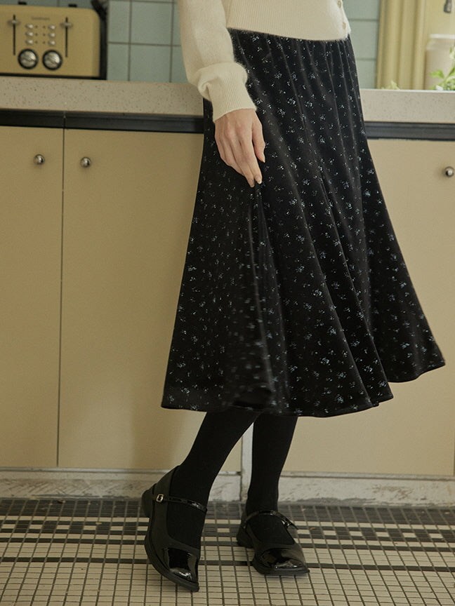 Vintage Blue Floral Velvet Skirt