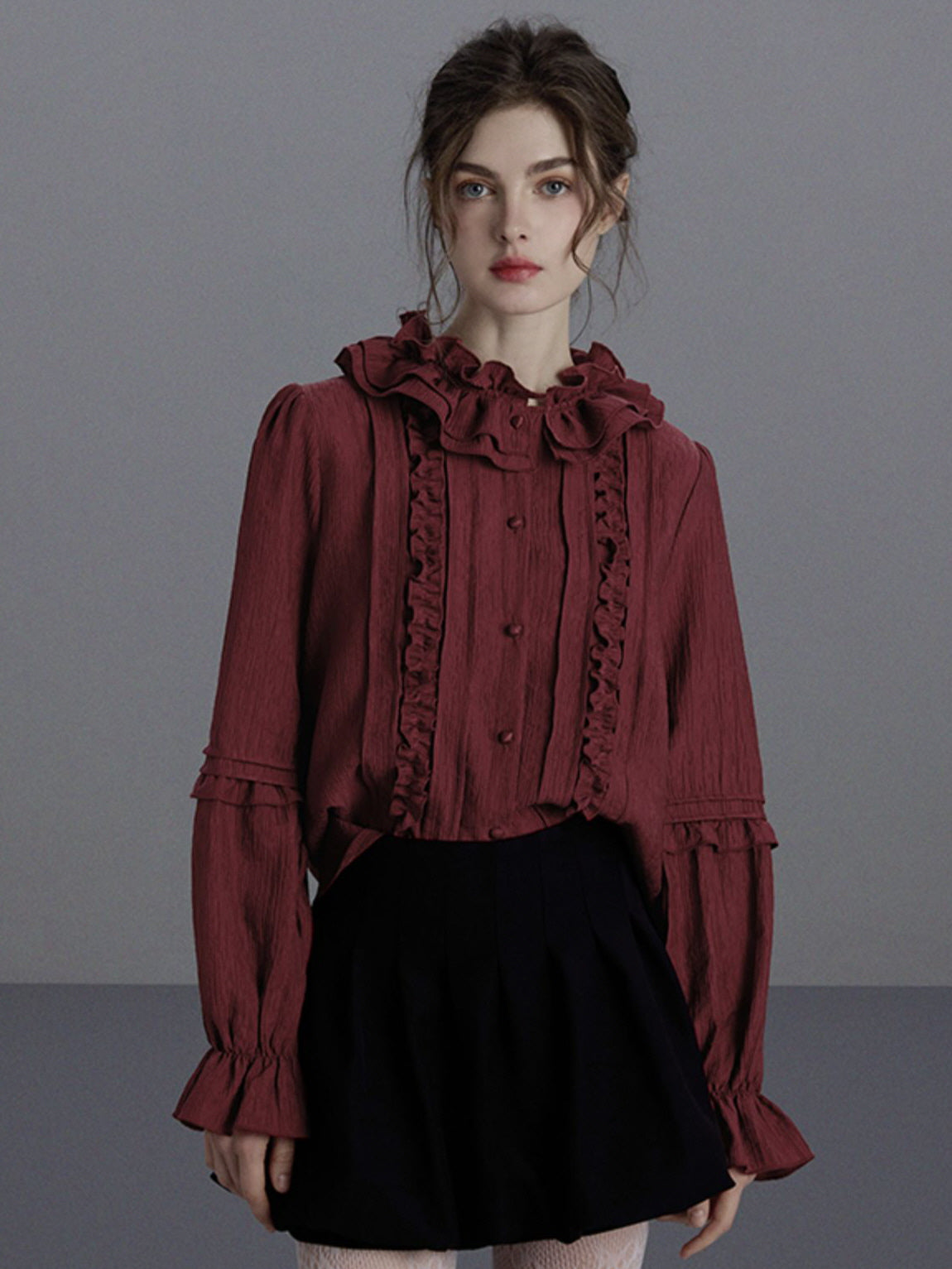 Elegant Wine Ruffled Victorian Blouse