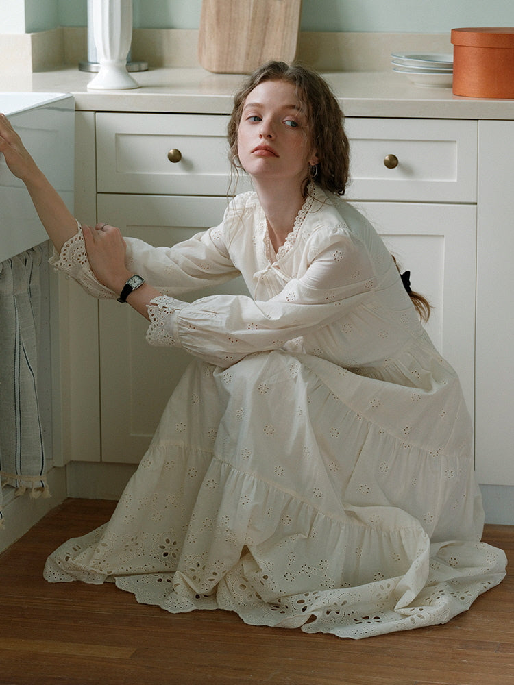 White Lace Cotton Tiered Dress Cottagecore Aesthetic Outfit White Lace Cotton Tiered Dress Cottagecore Aesthetic Outfit