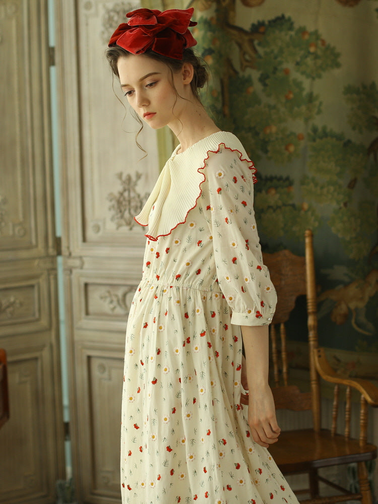 Pleated Collar Retro Floral Cotton Dress