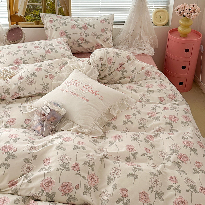 Retro Style Pink Rose Bedding Set