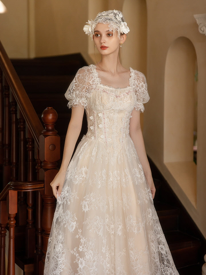 Soft Ivory Vintage Lace Princess Gown