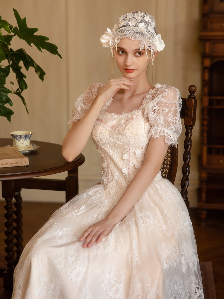 Soft Ivory Vintage Lace Princess Gown