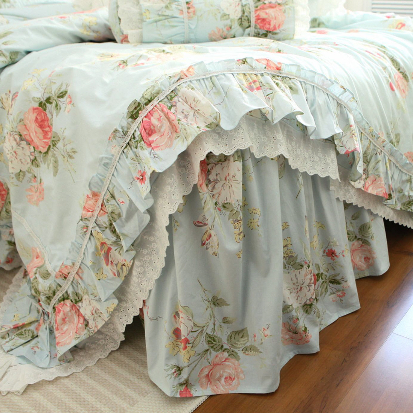 Princess Ruffle Blue Floral Bedding Set