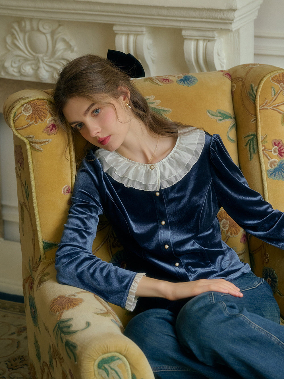 Ruffle Collar Midnight Velvet Elegance Blouse