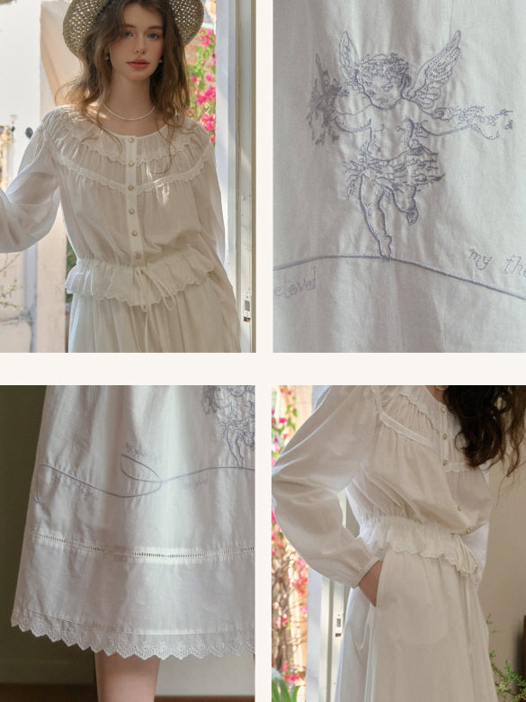 Close-up shots of a white vintage blouse and skirt featuring delicate ruffles, buttons, angel embroidery, lace hem, and waist tie details. Cottagecore and retro fashion style.