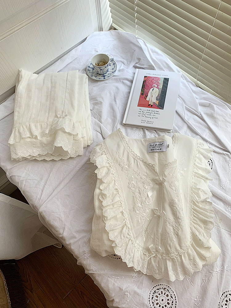 Romantic Lace-Trim Cotton Pajama Set