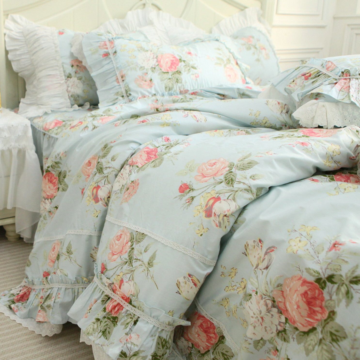 Princess Ruffle Blue Floral Bedding Set