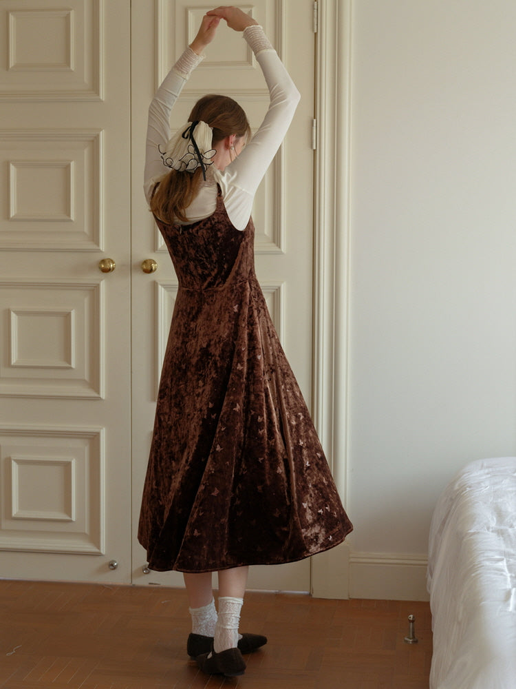 Butterfly Embossed Velvet Pinafore Dress