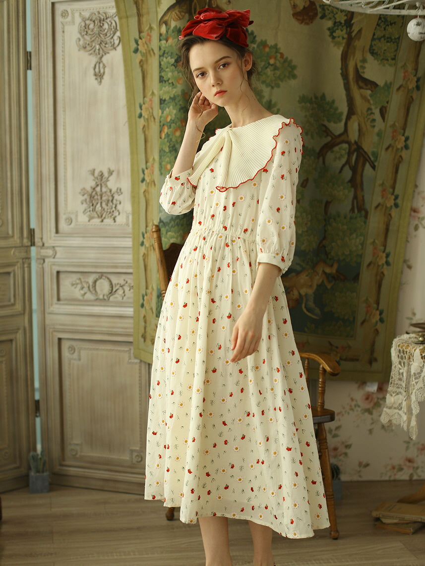 Pleated Collar Retro Floral Cotton Dress