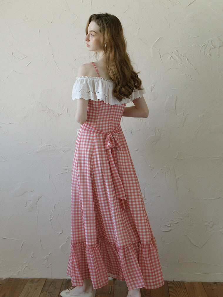 Red Gingham Off-Shoulder Frill Dress