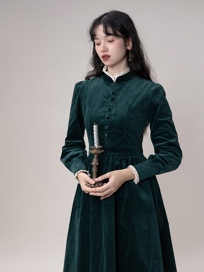 Forest Green Velvet Dress - Lace Cuffs | Puff Sleeves - Vintage Aesthetic Dark Green / L Forest Green Velvet Dress - Lace Cuffs | Puff Sleeves - Vintage Aesthetic Dark Green / L